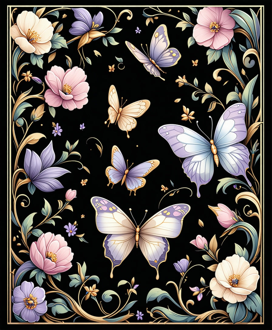 Pastel Butterflies and Floral Border Rug