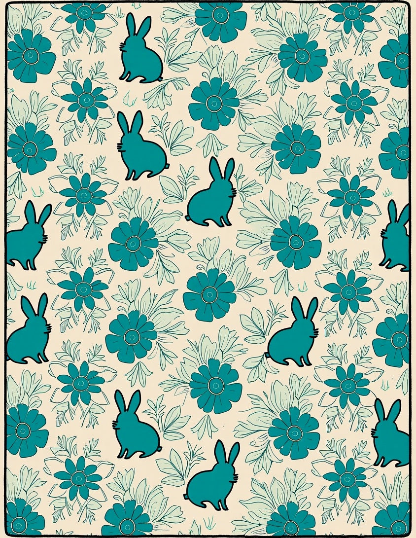 Teal Rabbit Floral Pattern Rug