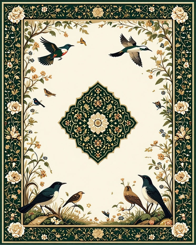 Birds and Flowers Garden Motif Rug