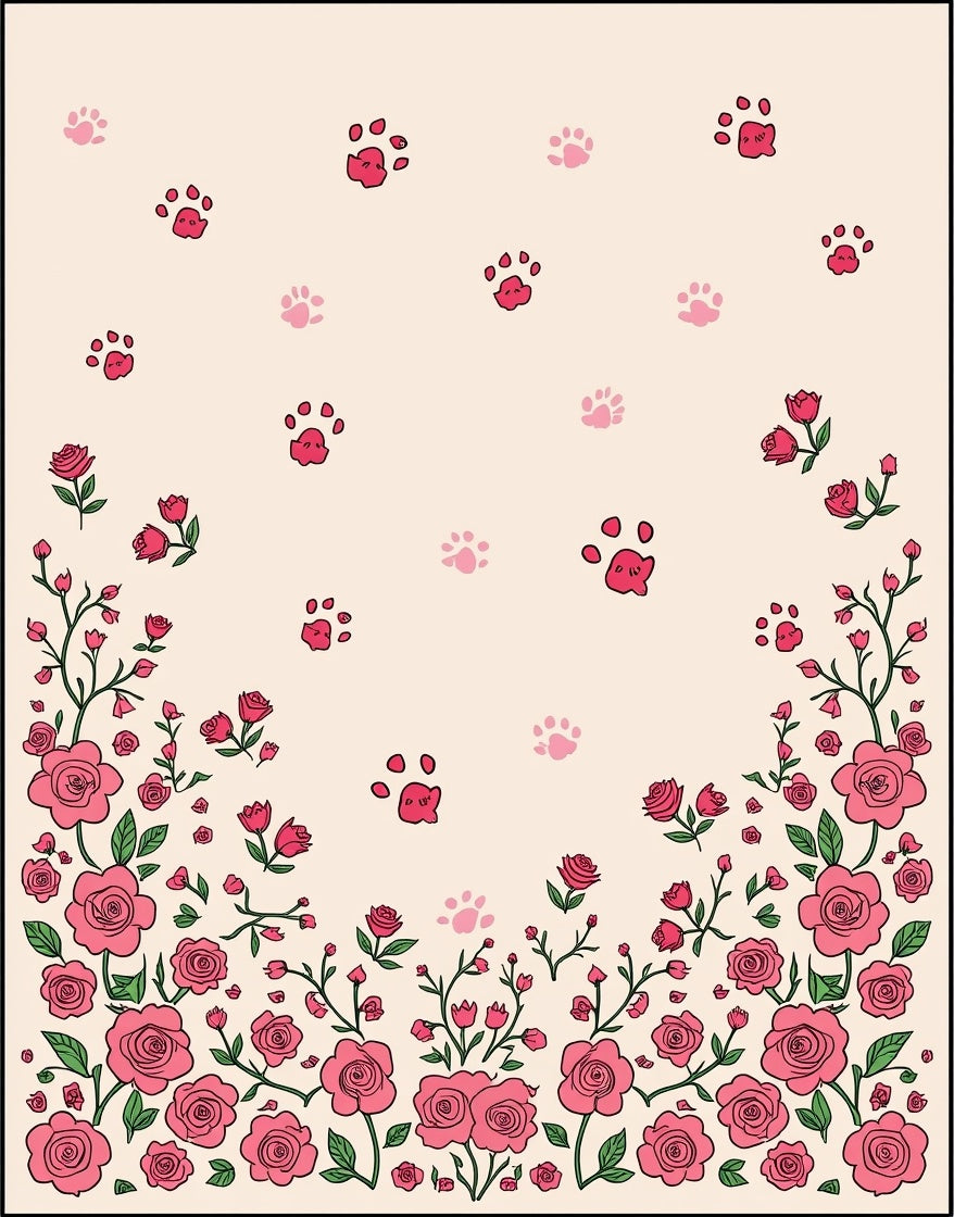Pink Roses and Paw Prints Pattern Rug