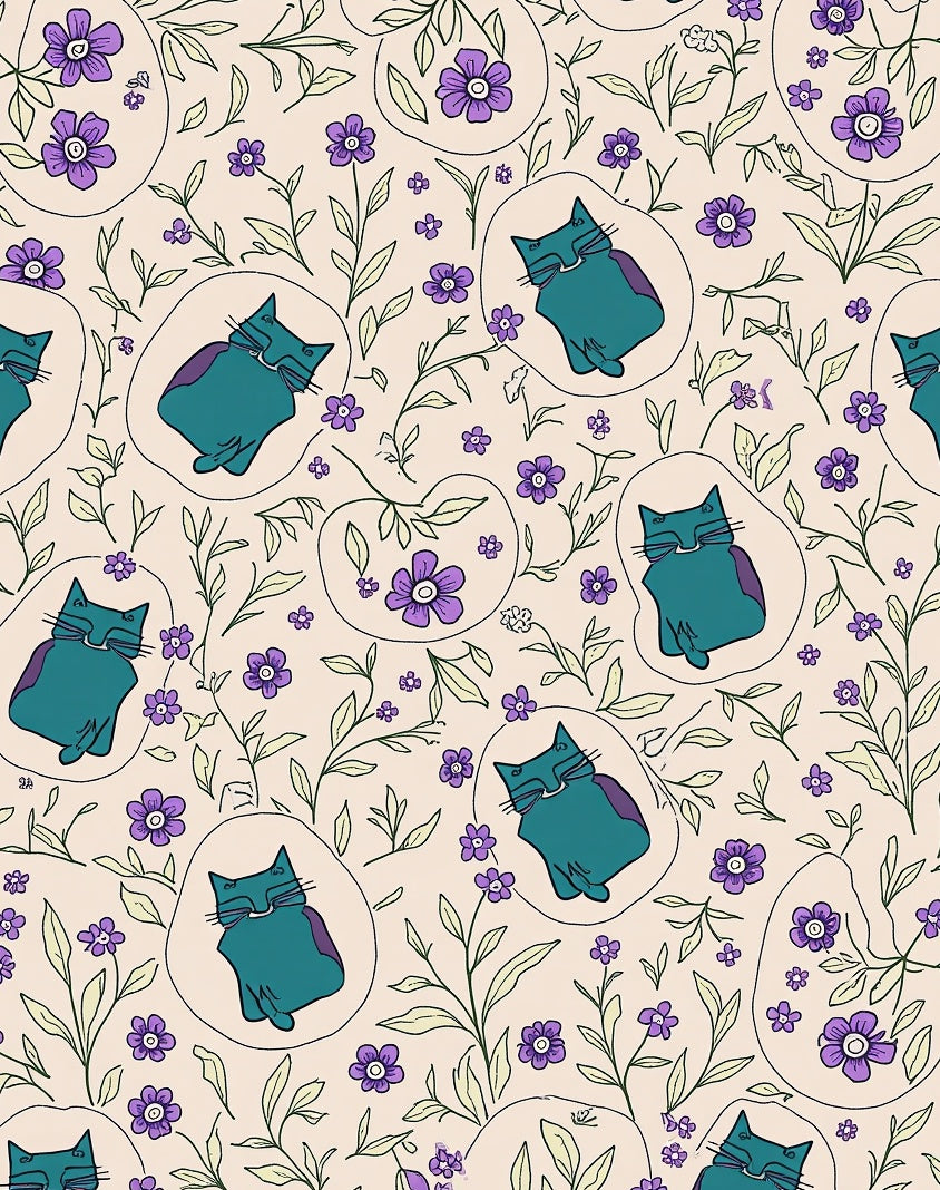 Whimsical Teal Cats Floral Pattern Rug