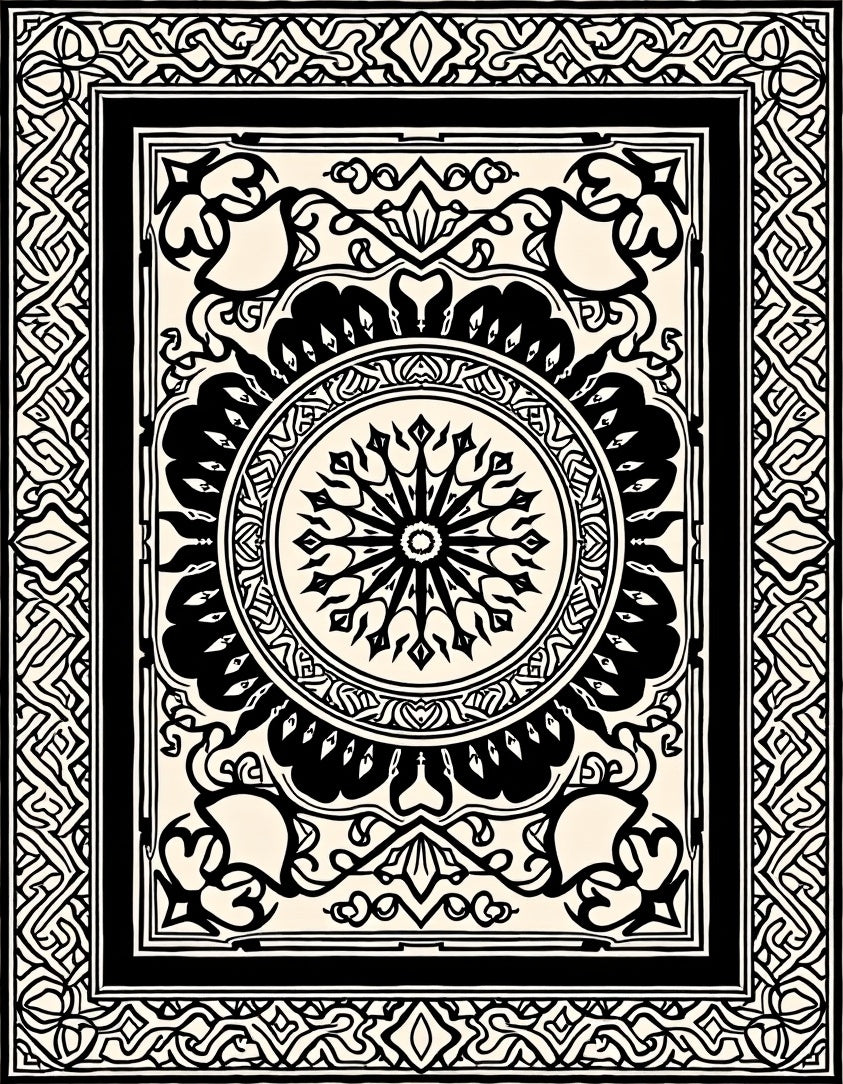 Ornate Black and White Mandala Design Rug