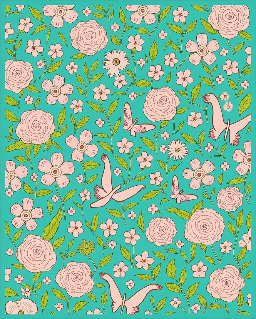 Pink Birds Flowers Aquatic Pattern Rug