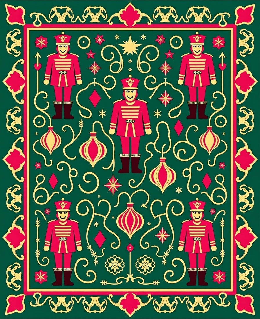Festive Red Nutcracker Green Ornament Rug