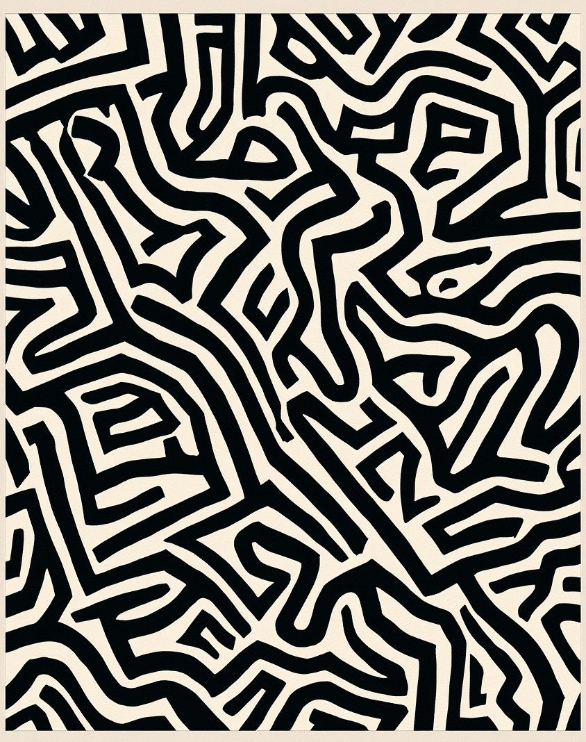 Abstract Black White Maze Pattern Rug