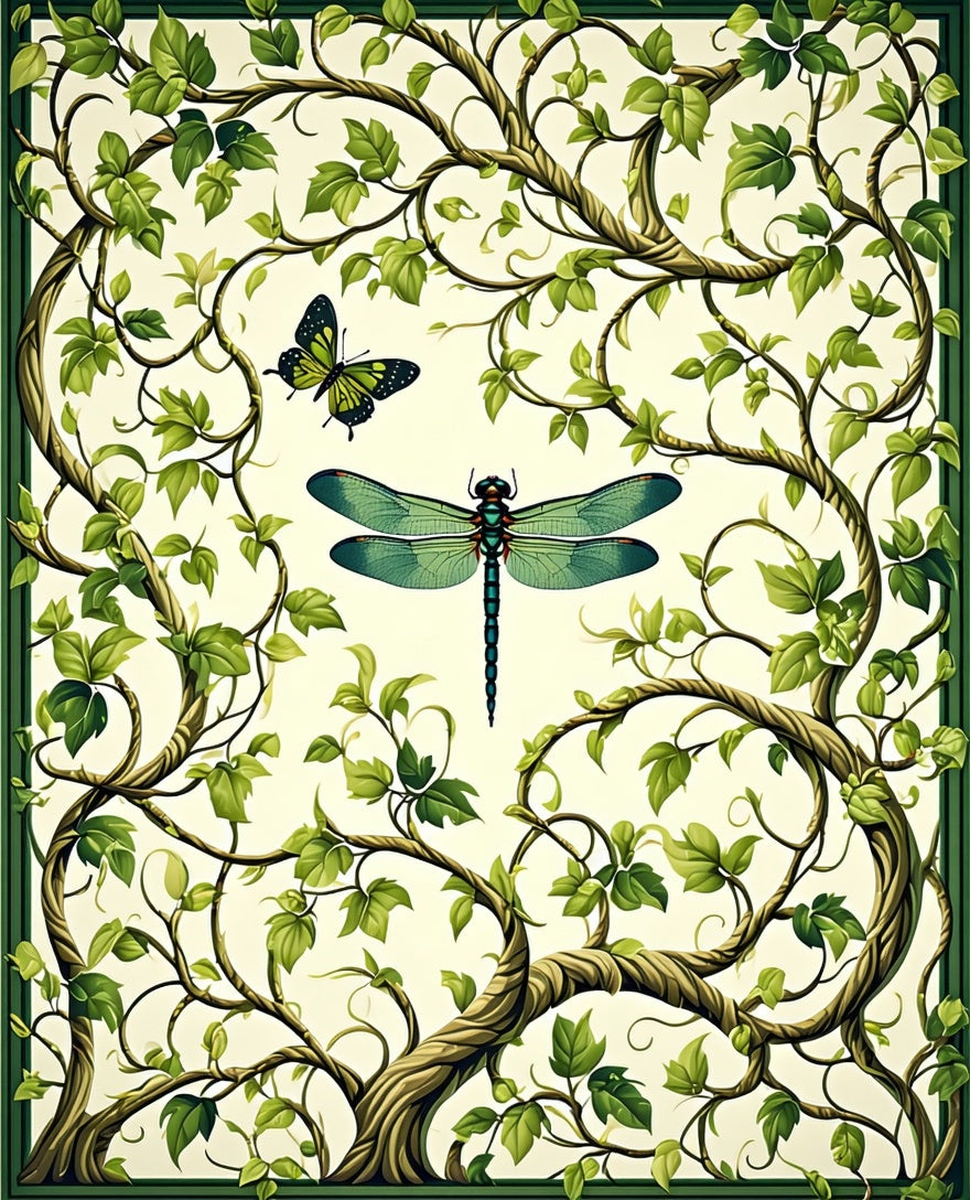 Elegant Garden Vines Dragonfly Butterfly Rug