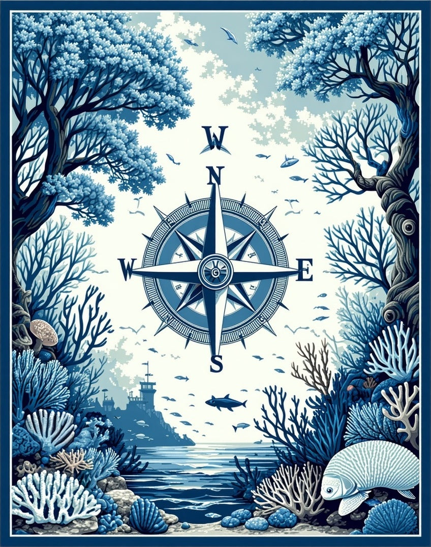 Nautical Compass Coral Reefscape Design Rug