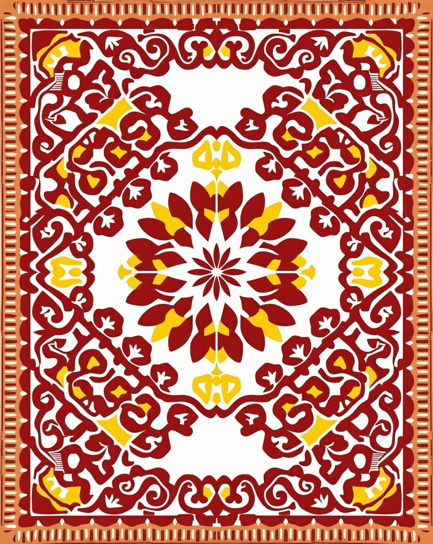 Intricate Floral Scrollwork Red Yellow Design Rug