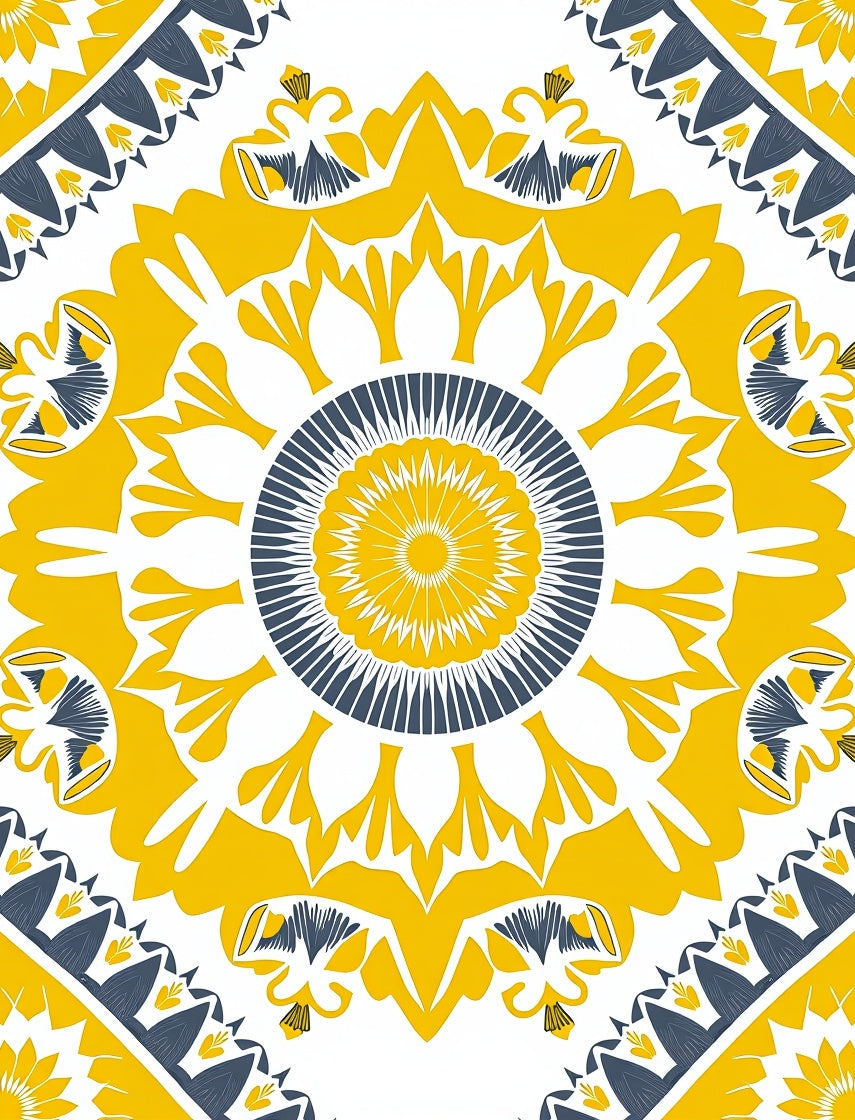 Bold Yellow Blue Floral Mandala Design Rug