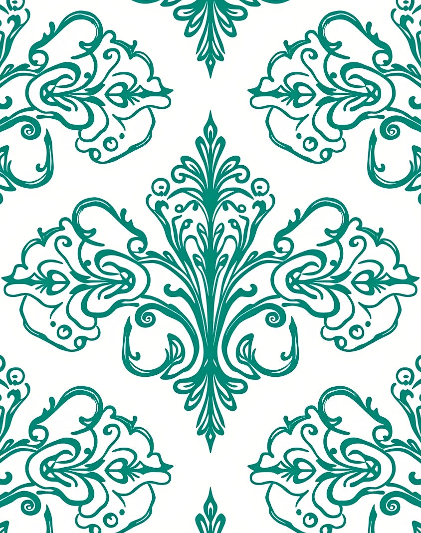 Teal Damask Ornate Scrolling Design Rug