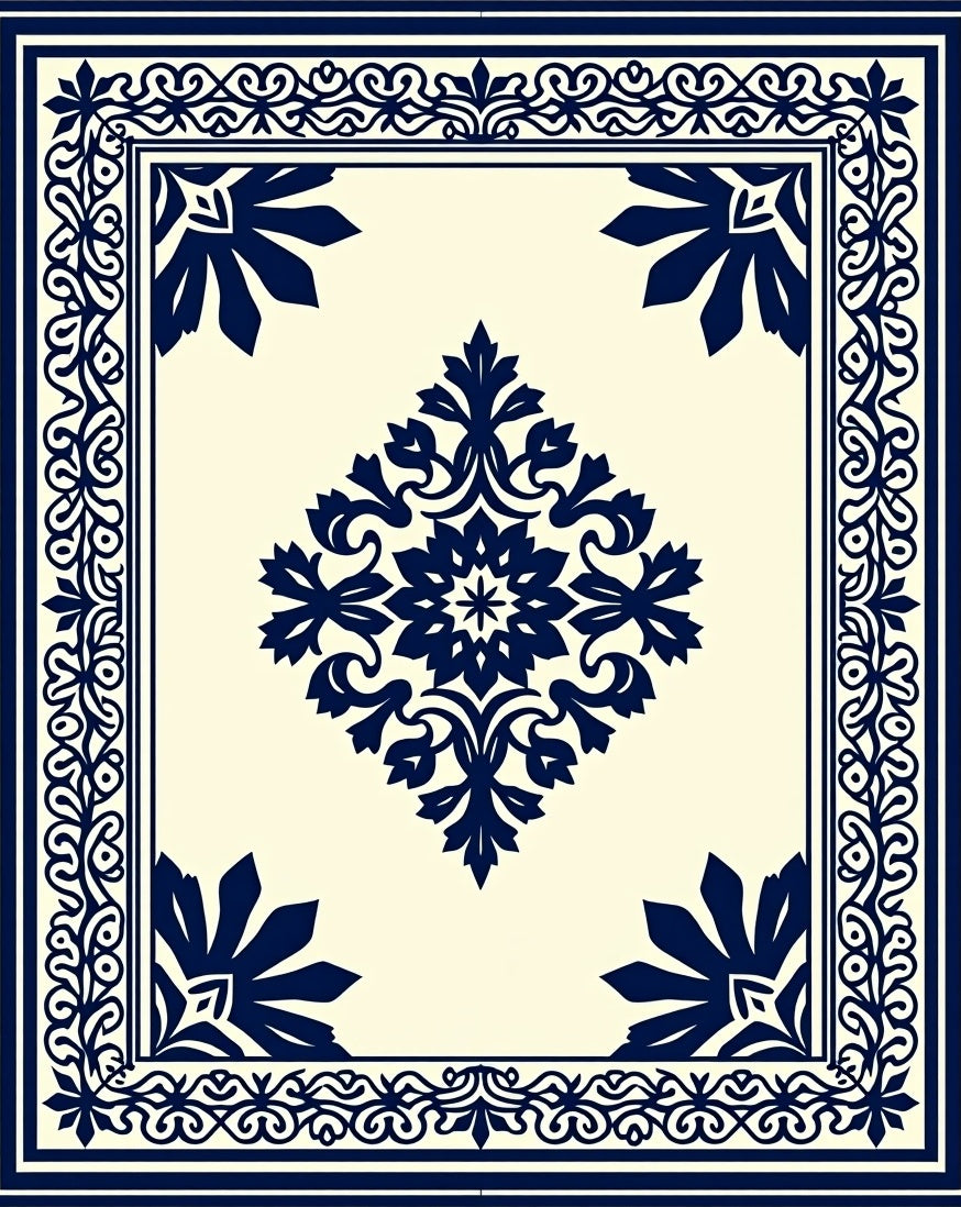 Navy Blue Floral Center Medallion Border Rug