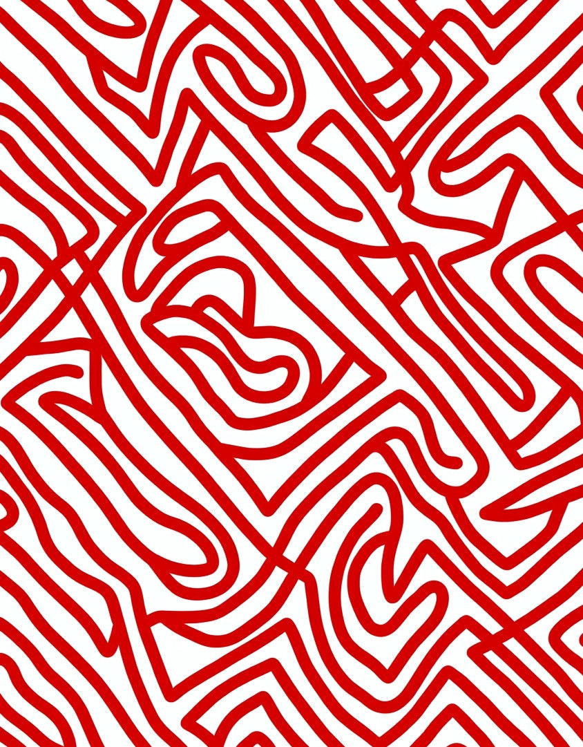 Vibrant Red Abstract Line Swirl Rug