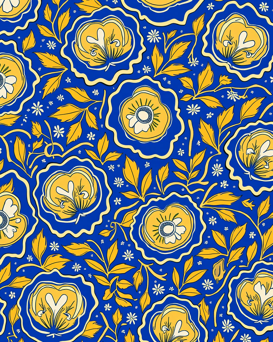 Bold Floral Pattern Blue Yellow Rug