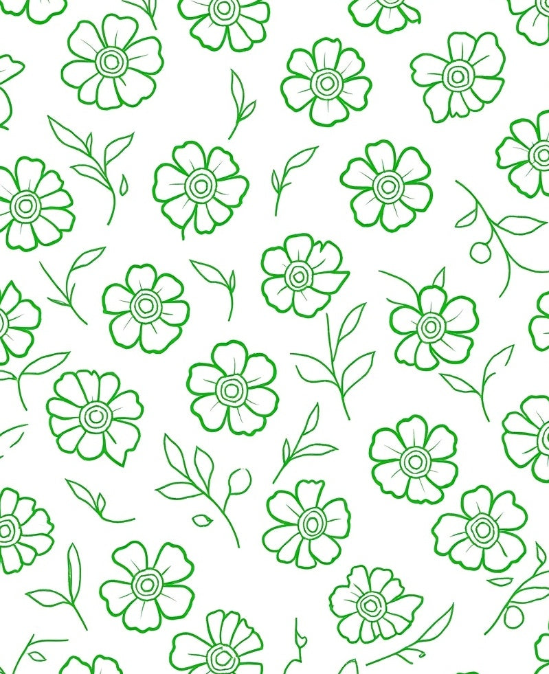 Green Outline Floral Botanical Pattern Rug