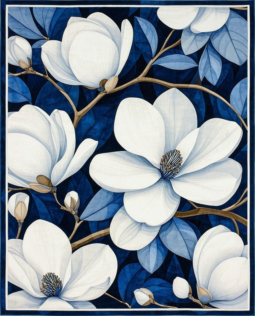 White Magnolia Blossom On Deep Blue Rug