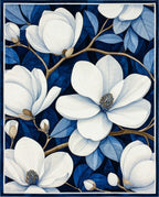 White Magnolia Blossom On Deep Blue Rug