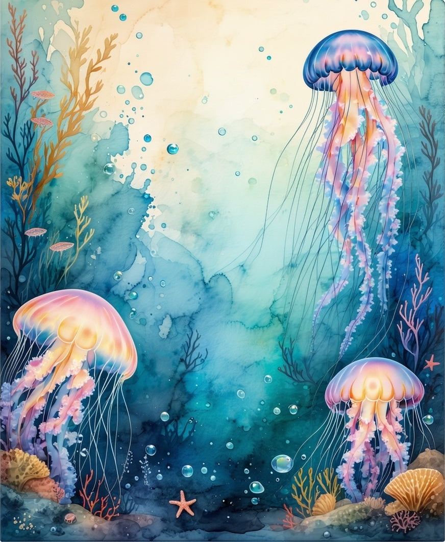 Aquatic Jellyfish Watercolor Vivid Scene Rug