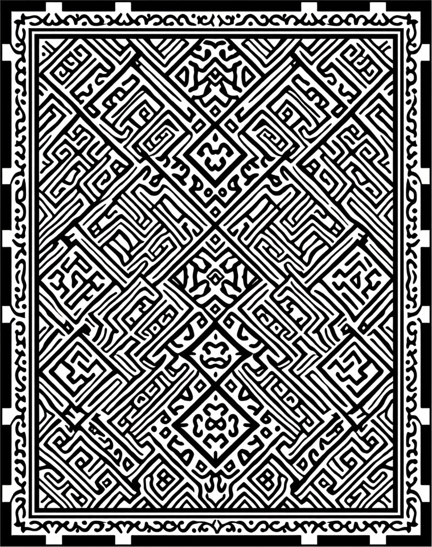 Intricate Black and White Geometric Maze Rug