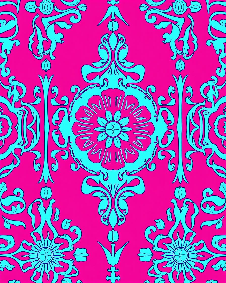 Fuchsia And Aqua Floral Damask Pattern Rug