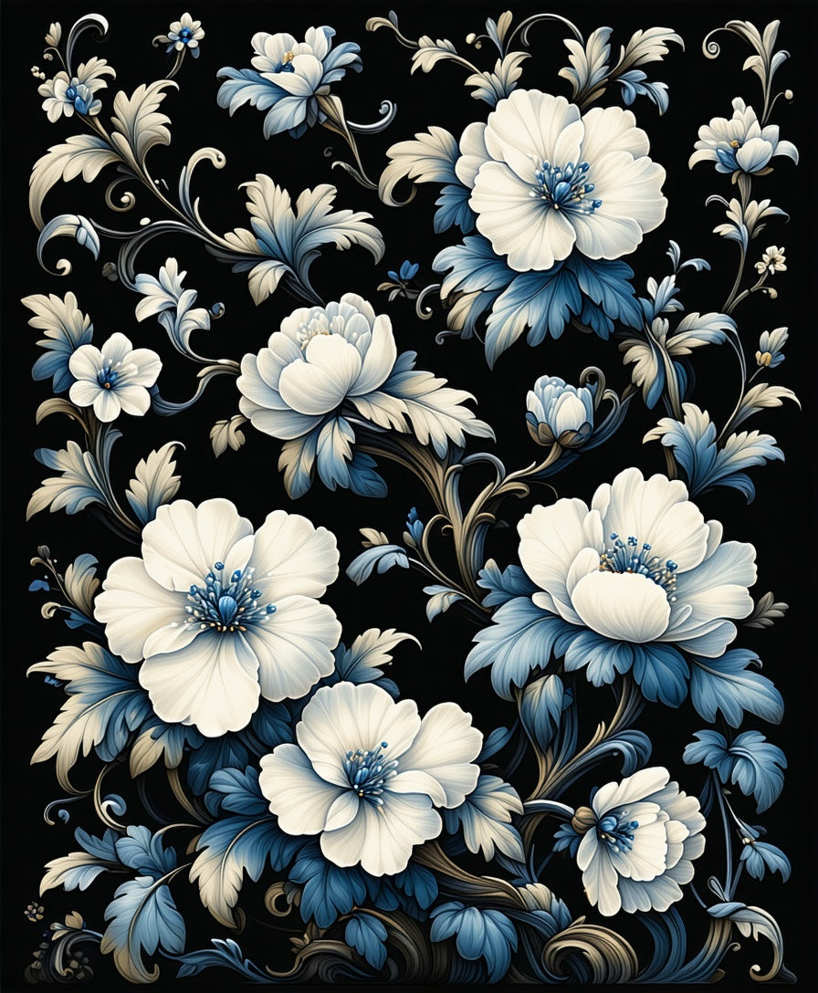 White Blue Porcelain Floral Pattern Rug