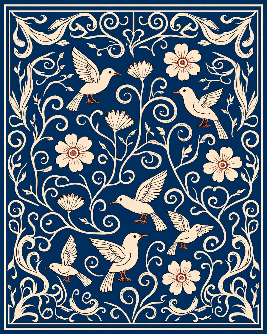 Navy Birds and Flowers Folk Art Rug