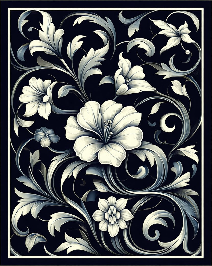 Elegant White Floral Scrollwork Design Rug