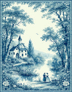 Blue Scenic Landscape Pastoral Scene Rug