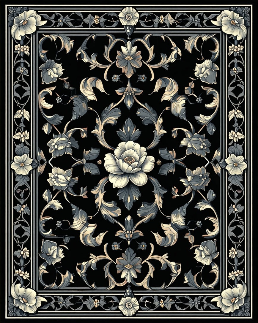 Ornate Black Floral Scroll Garden Rug