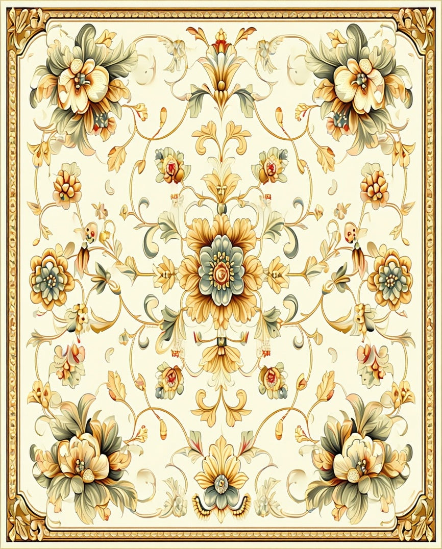 Ornate Floral Pattern Cream Gold Rug