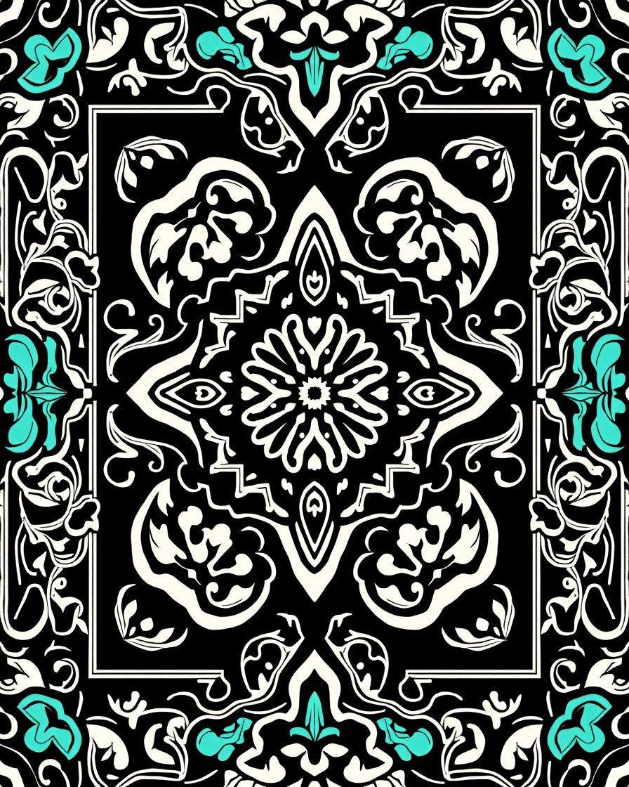 Black White Teal Bold Floral Mandala Rug