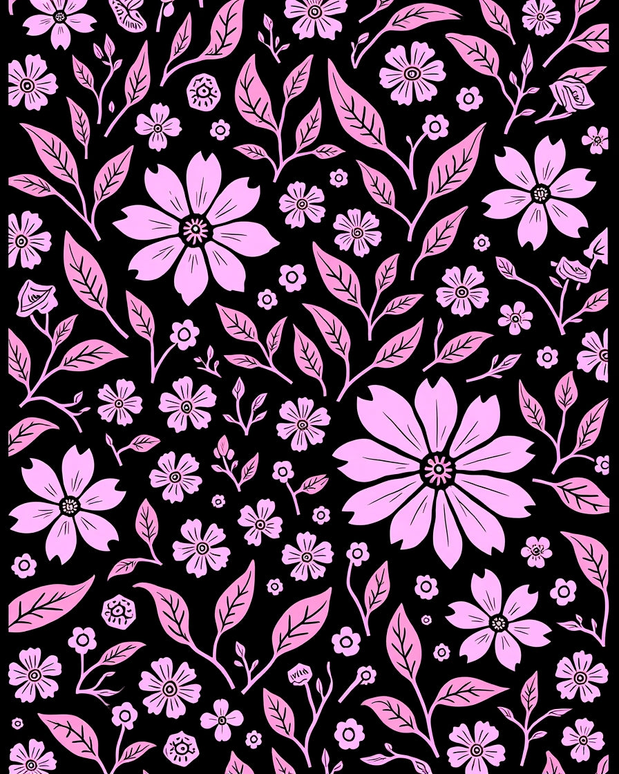 Pink Floral Pattern On Black Rug