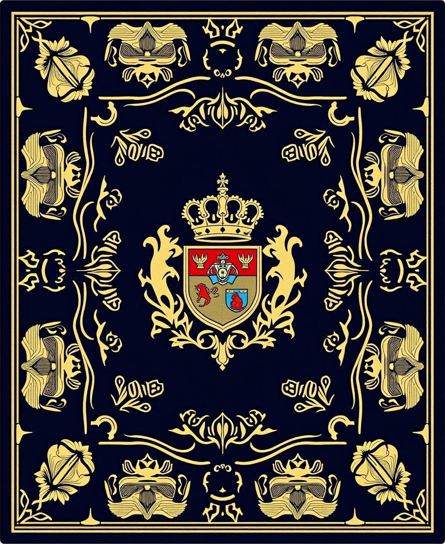 Navy Gold Crested Scrollwork Blanket Rug