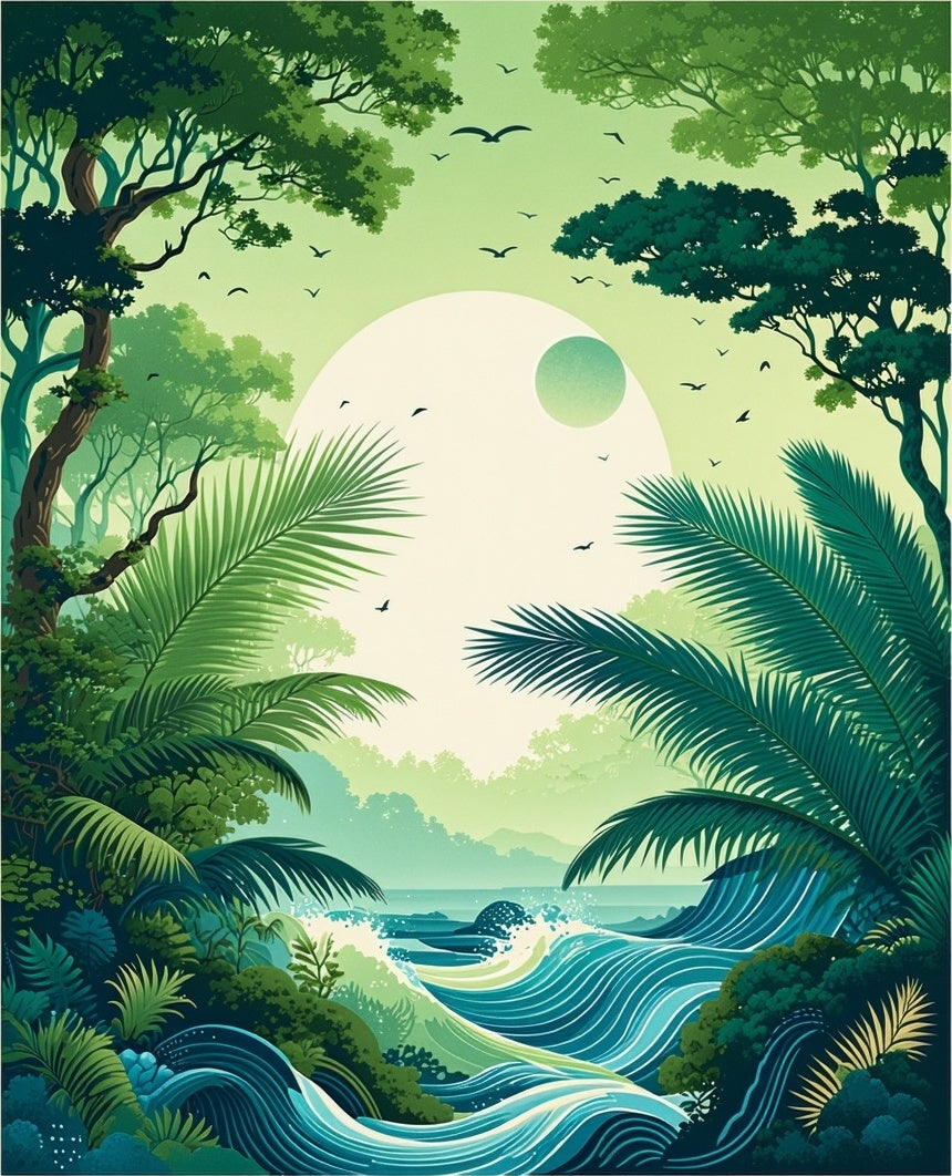 Tropical Jungle Waves Birds Design Rug