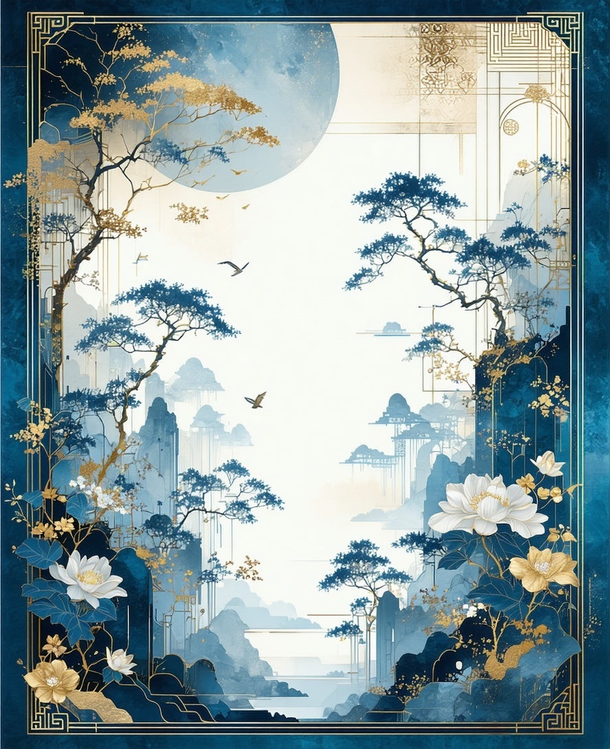 Serene Blue Gold Landscape Artwork Rug
