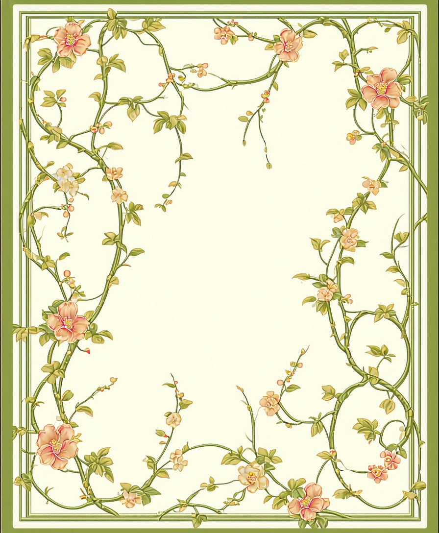 Floral Vine Bordered Naturalistic Design Rug