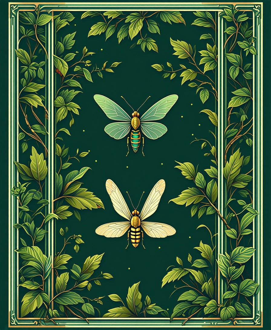 Green Floral With 2 Insects Art Rug