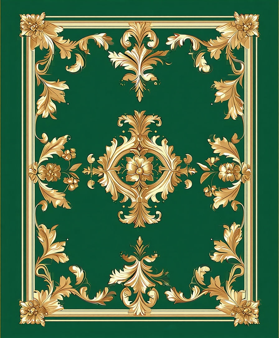 Ornate Gold Floral Green Scroll Design Rug