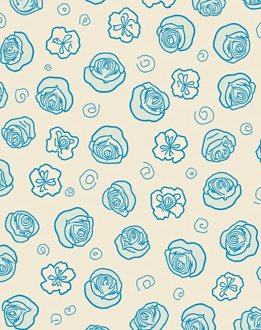 Hand-Drawn Blue Floral Swirl Pattern Rug