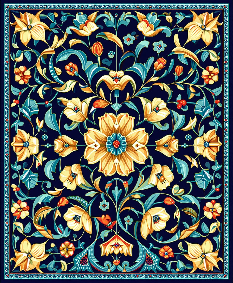 Ornate Floral Scrollwork In Navy Rug