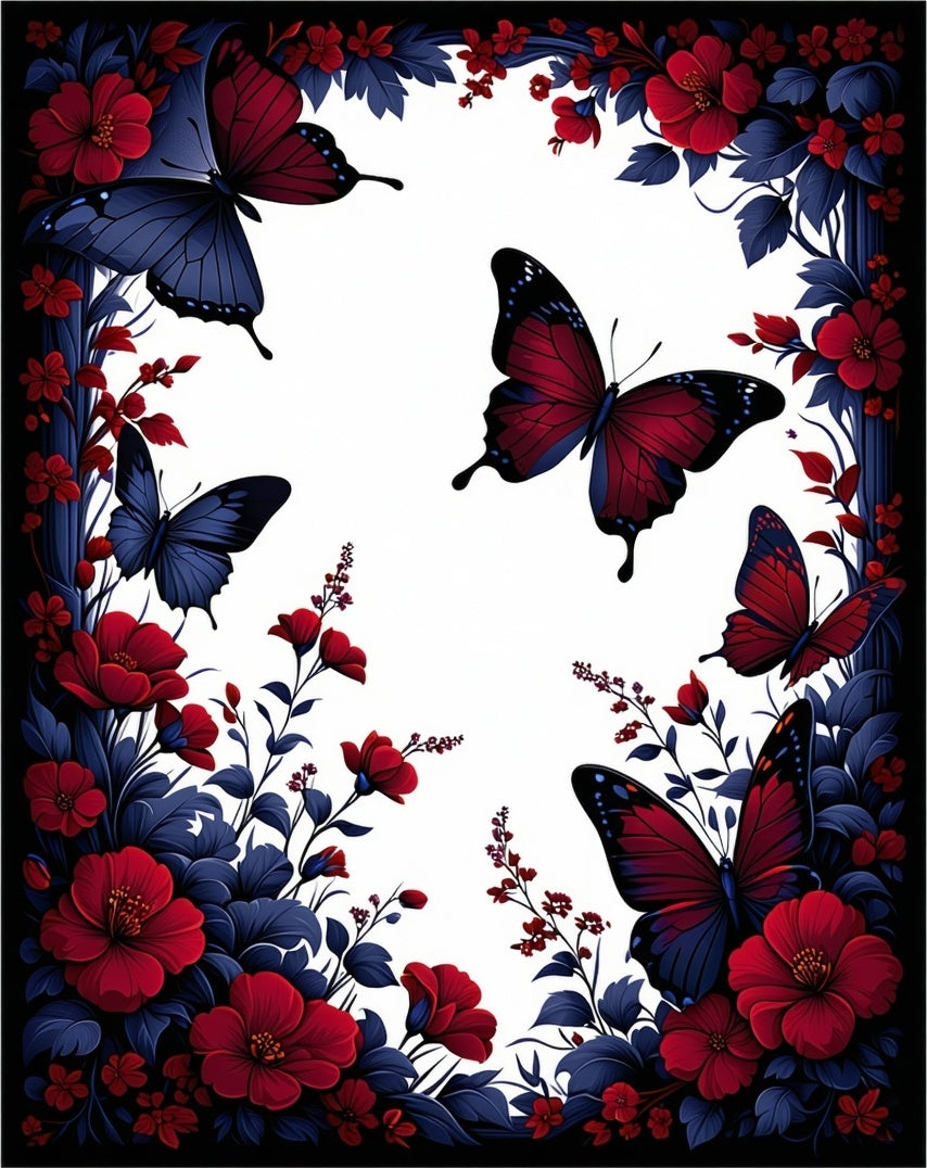 Dramatic Red Blue Butterfly Floral Rug