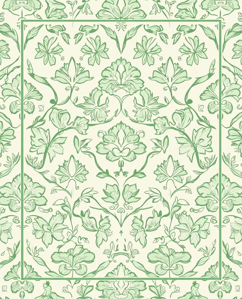 Ornate Green Botanical Floral Pattern Rug