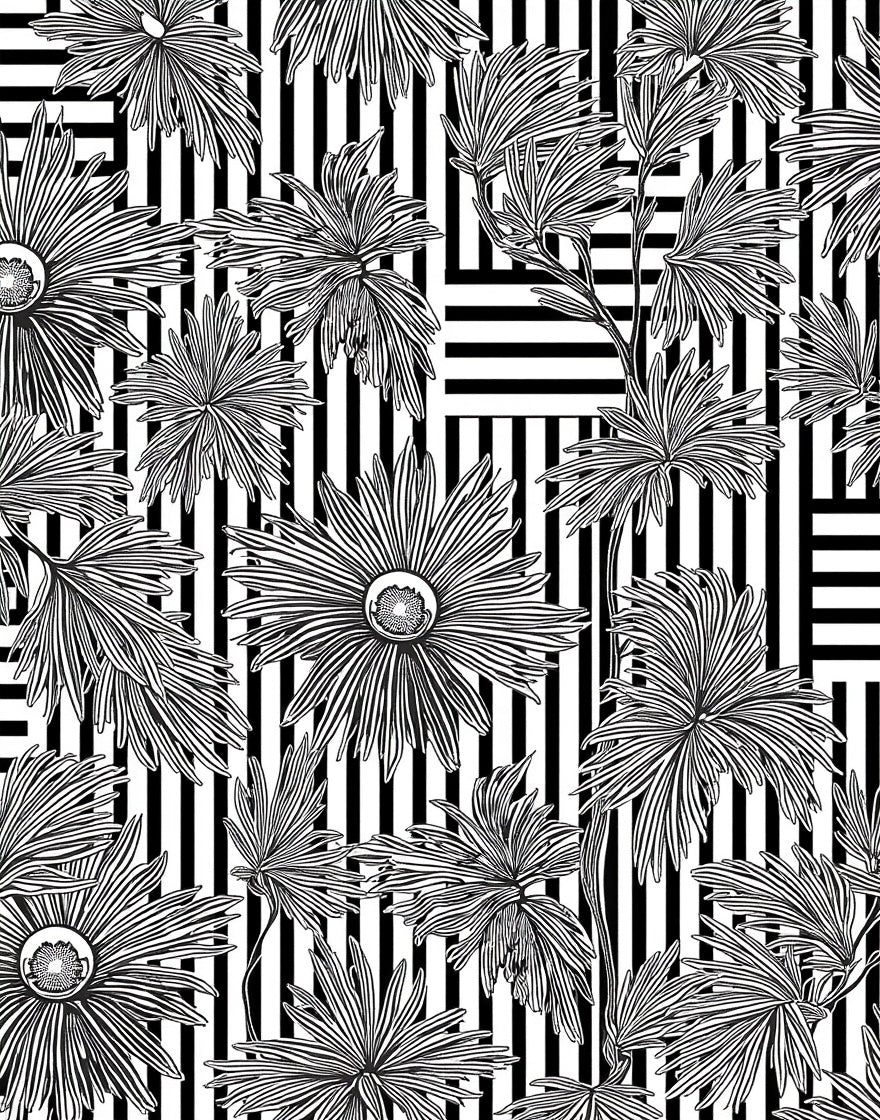 Black White Floral Stripes Pattern Rug
