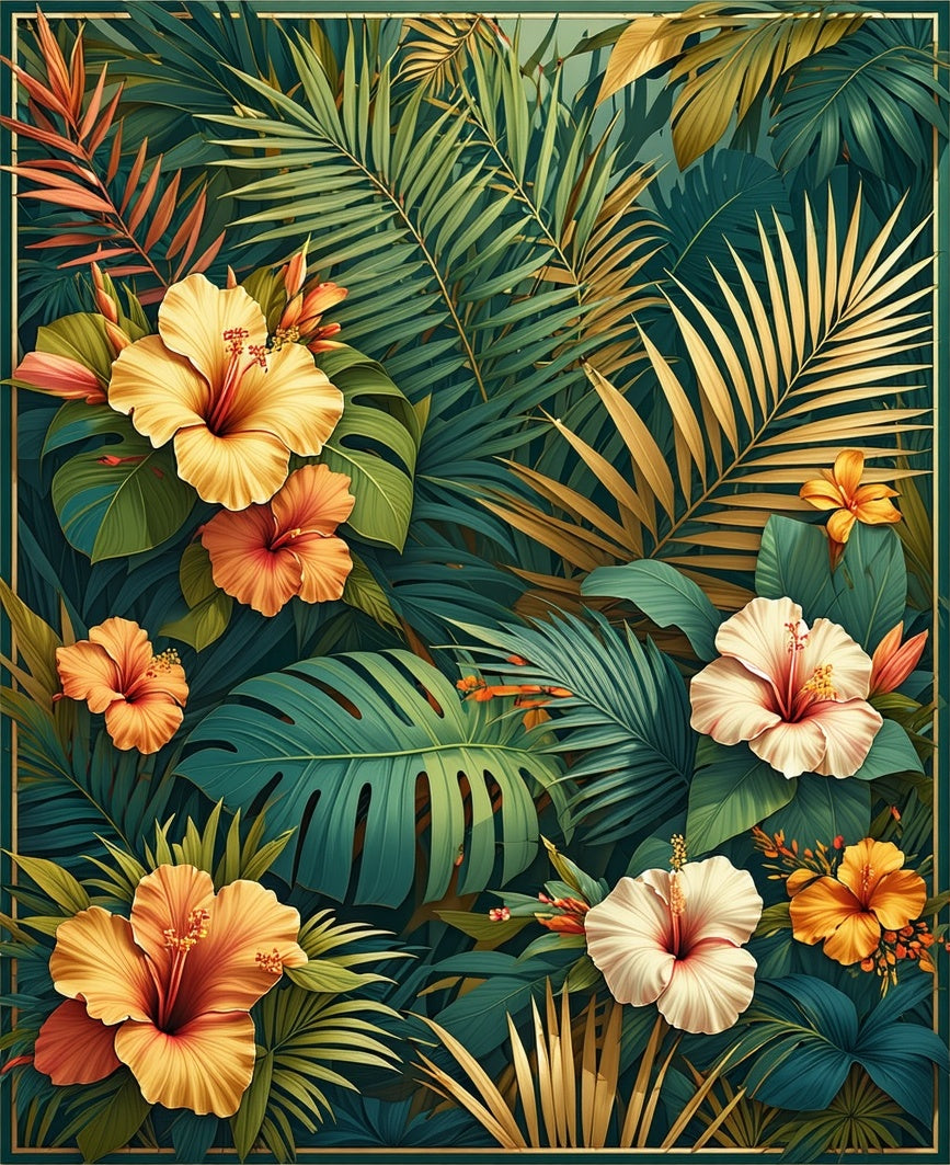 Lush Tropical Hibiscus Foliage Pattern Rug