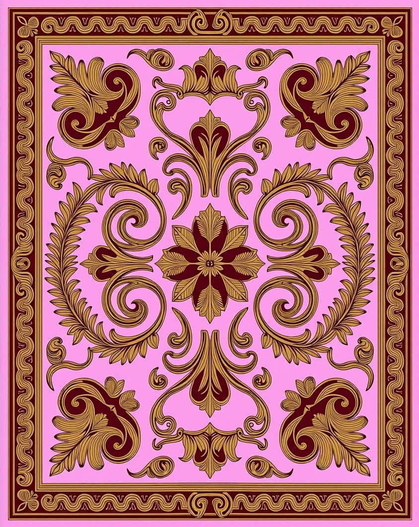 Ornate Pink and Gold Floral Filigree Rug