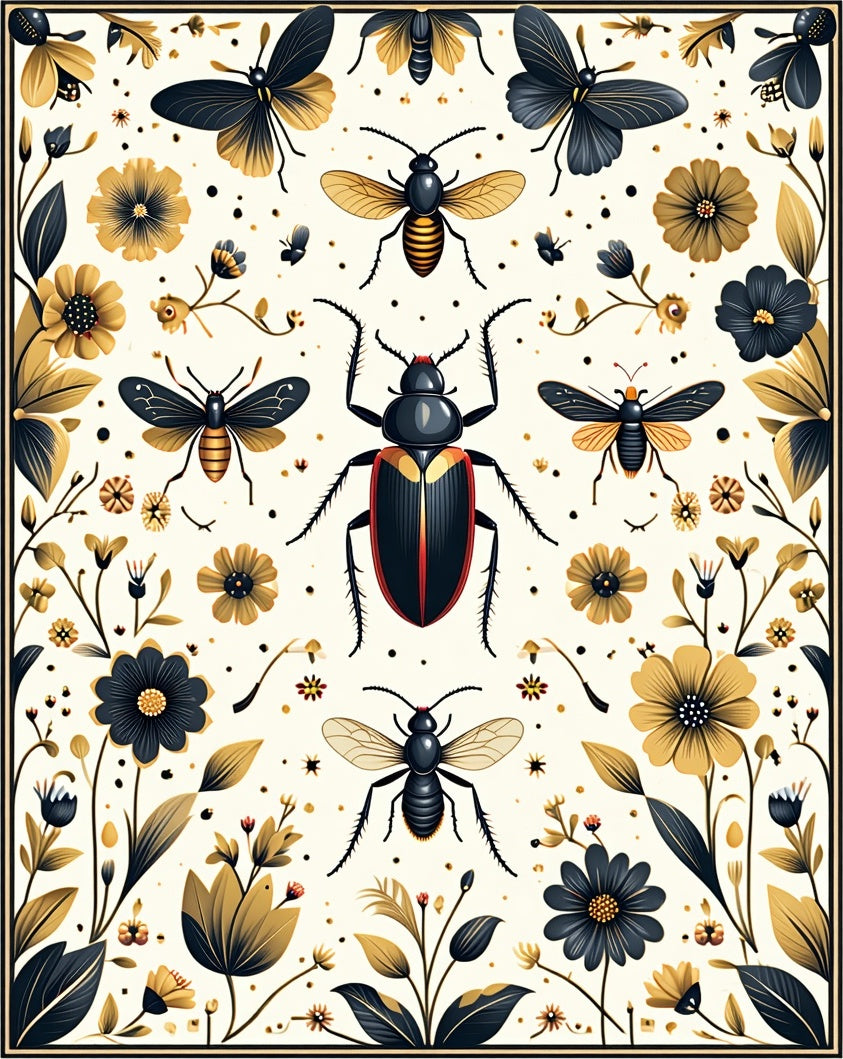 Vintage Insect Floral Art Rug