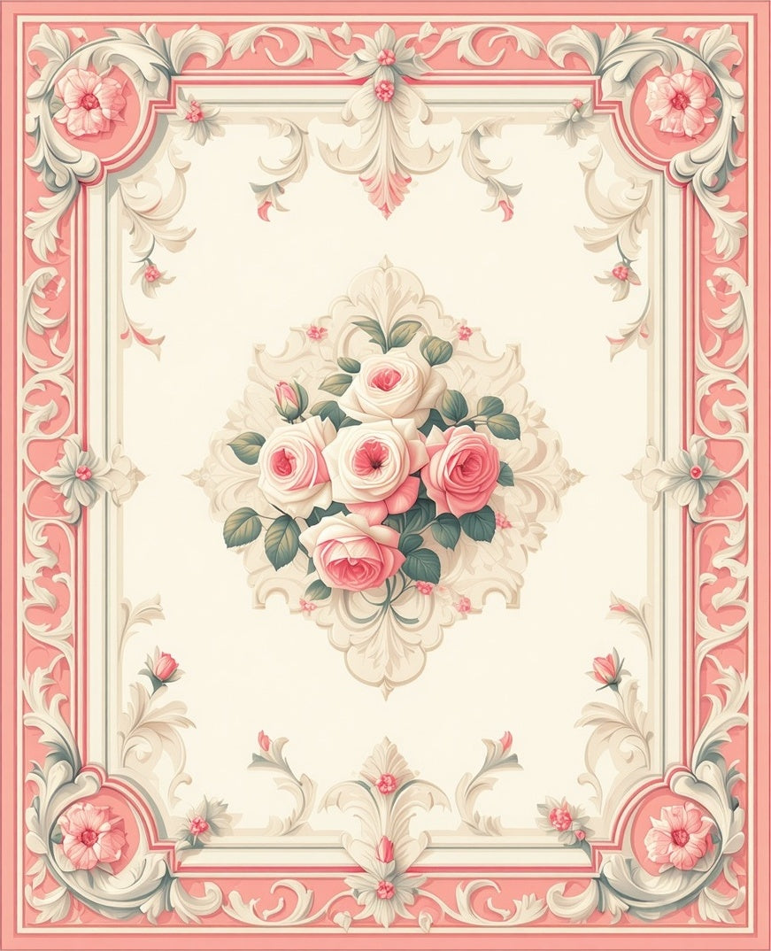 Ornate Floral Scrollwork Pink Roses Rug