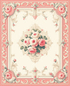 Ornate Floral Scrollwork Pink Roses Rug