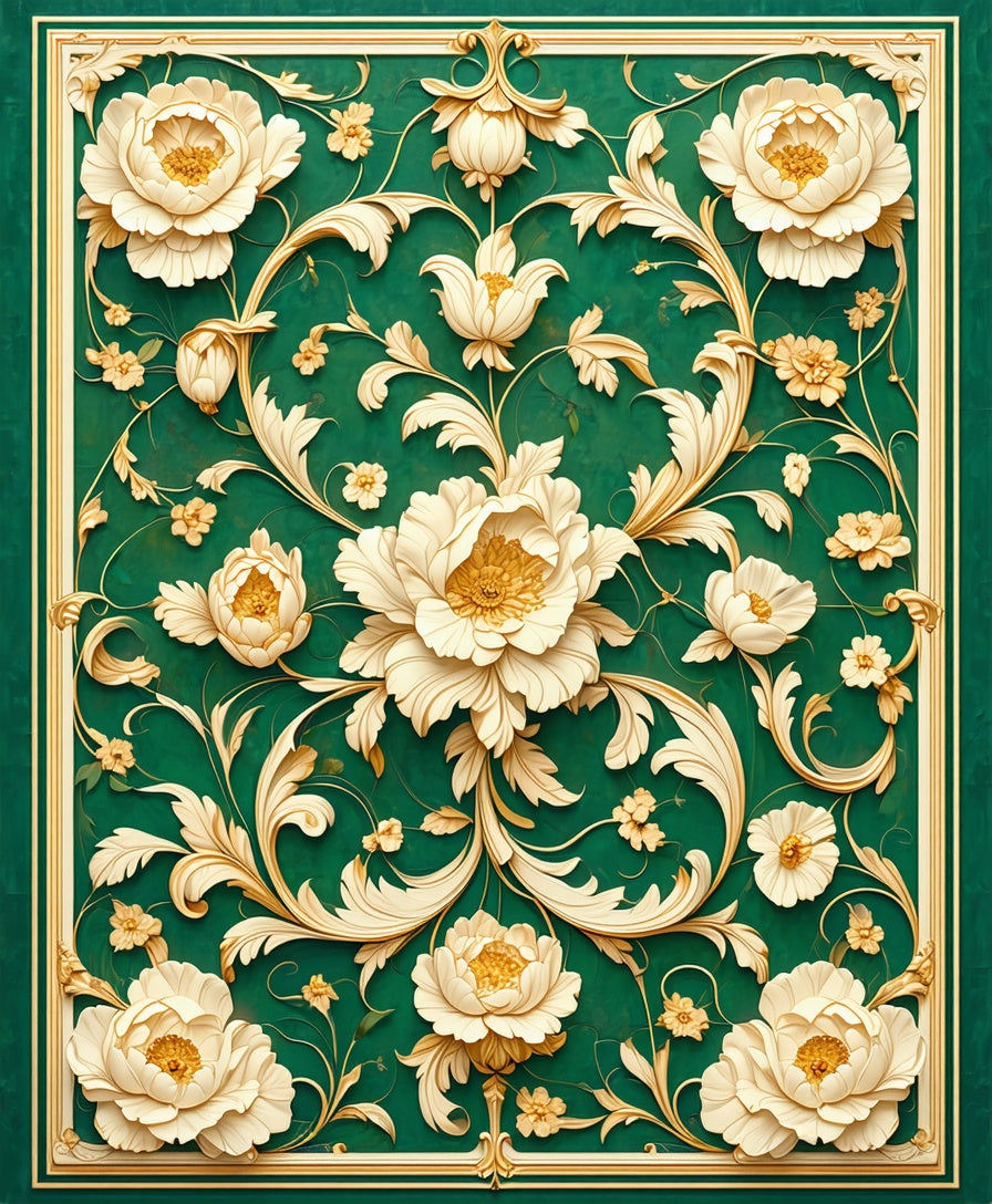 Grand Floral Emerald Gold Ornament Pattern Rug
