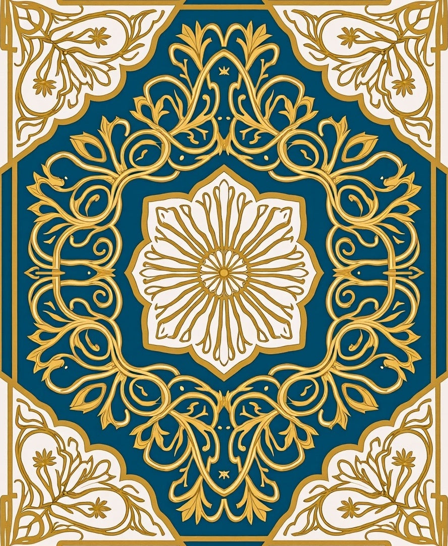Ornate Floral Teal Gold Pattern Rug