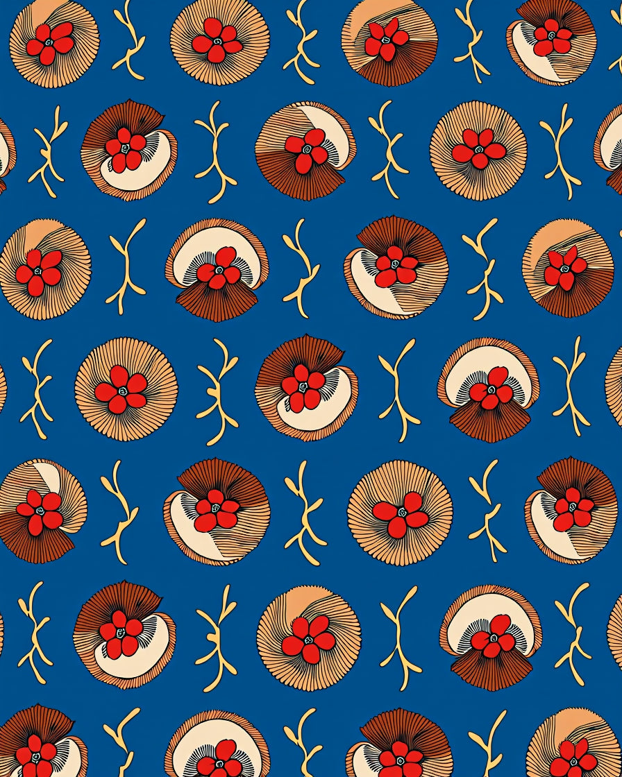 Red Floral Circles on Blue Background Rug
